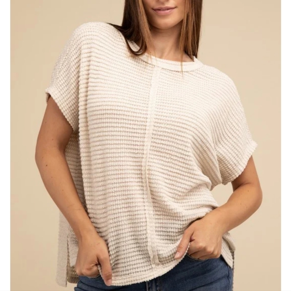 Zenana Outfitters Cream Waffle-Knit Short Sleeve Pullover